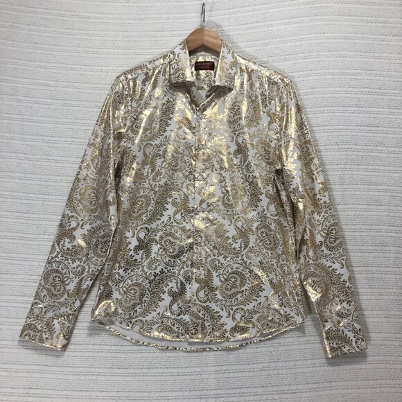 Consequence Men's Size Small‎ White and Gold Paisley Button Down - Picture 2 of 5